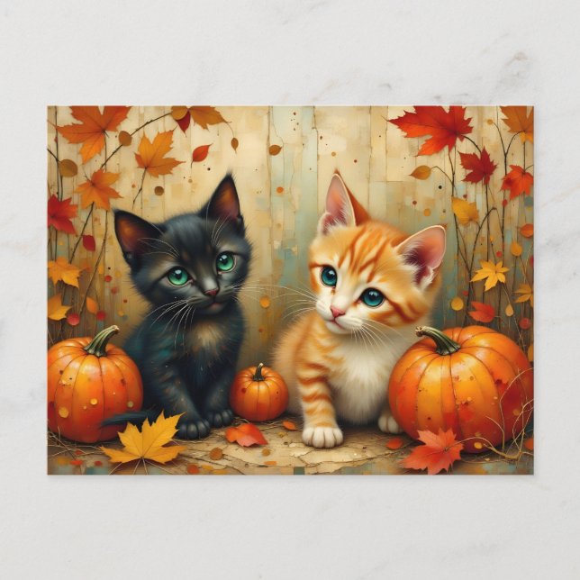 Postal Festiva Calabazas y follaje de gatitos otoñales (Anverso)