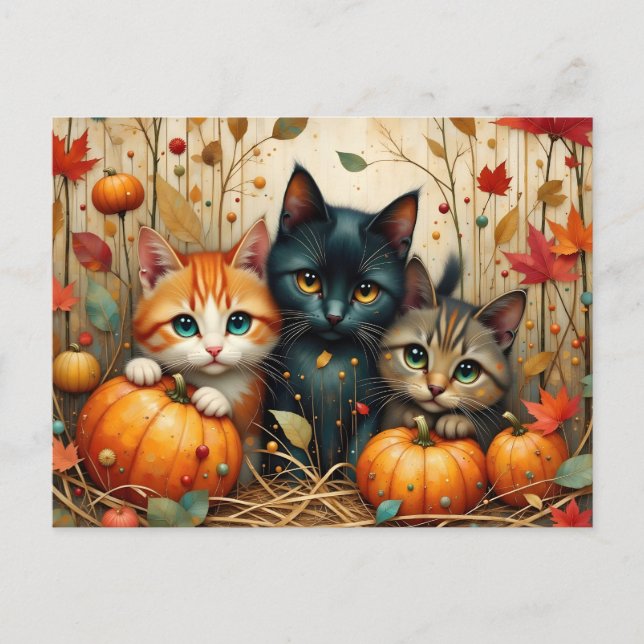 Postal Festiva Calabazas y follaje de gatitos otoñales (Anverso)