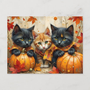 Postal Festiva Calabazas y follaje de gatitos otoñales