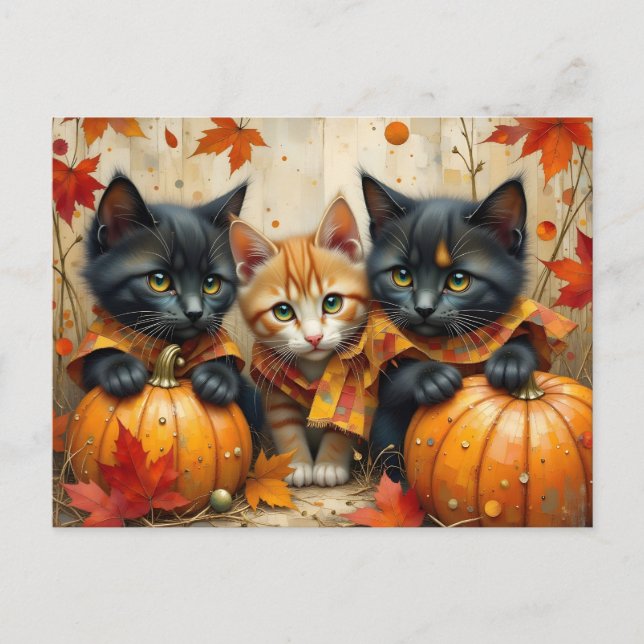 Postal Festiva Calabazas y follaje de gatitos otoñales (Anverso)