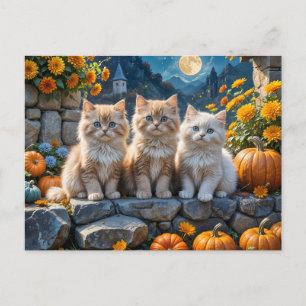 Postal Festiva Calabazas y follaje de gatitos otoñales fluidos