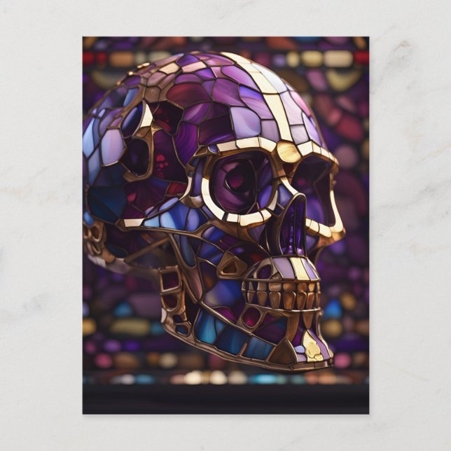 Postal Festiva Calavera 3D, Púrpura, Vidrio Manchado Faux, Parado (Anverso)