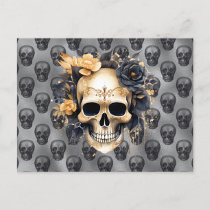 Postal Festiva Calavera con Rosas negros y dorados Halloween