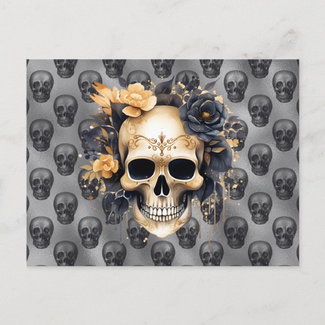 Postal Festiva Calavera con Rosas negros y dorados Halloween (Anverso)