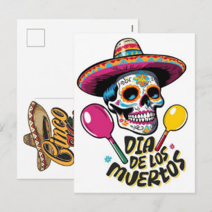 Postal Festiva calavera-de-azúcar-sombrero-con-maracas-brillante-