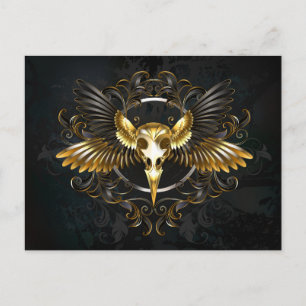 Postal Festiva Calavera de pájaro dorada sobre fondo negro