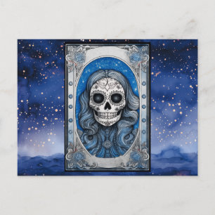 Postal Festiva Calavera de pelo azul noche estrellada de Hallowee