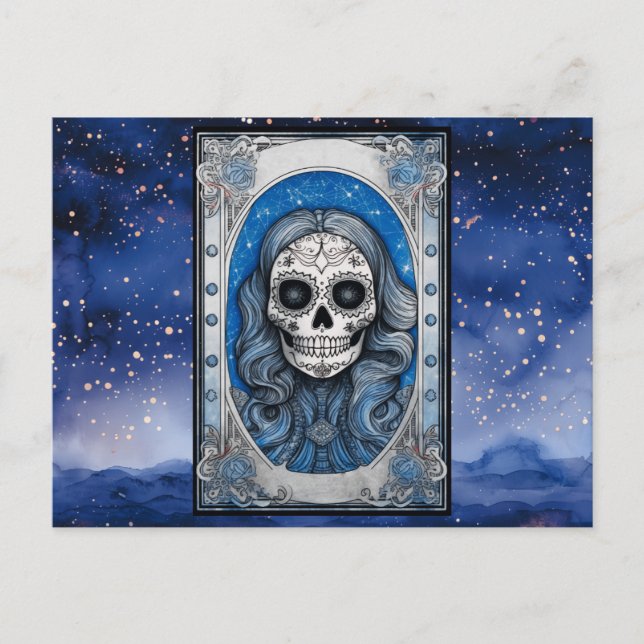 Postal Festiva Calavera de pelo azul noche estrellada de Hallowee (Anverso)