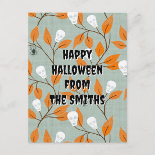 Postal Festiva Calavera espeluznante y vid de araña Feliz Hallowe