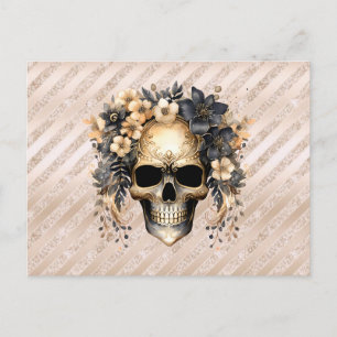 Postal Festiva Calavera Flores Negras y Doradas Halloween Raya Do