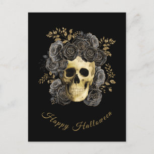 Postal Festiva Calavera gótica rosas de purpurina negras y dorada