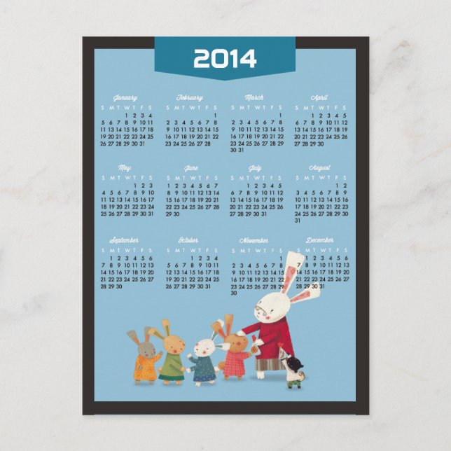 Postal Festiva Calendario 2014 - Feliz Año Nuevo Conejo Familia d (Anverso)