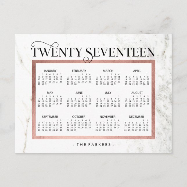 Postal Festiva Calendario 2017 de Marble Moderno y Faux Rosa Gold (Anverso)