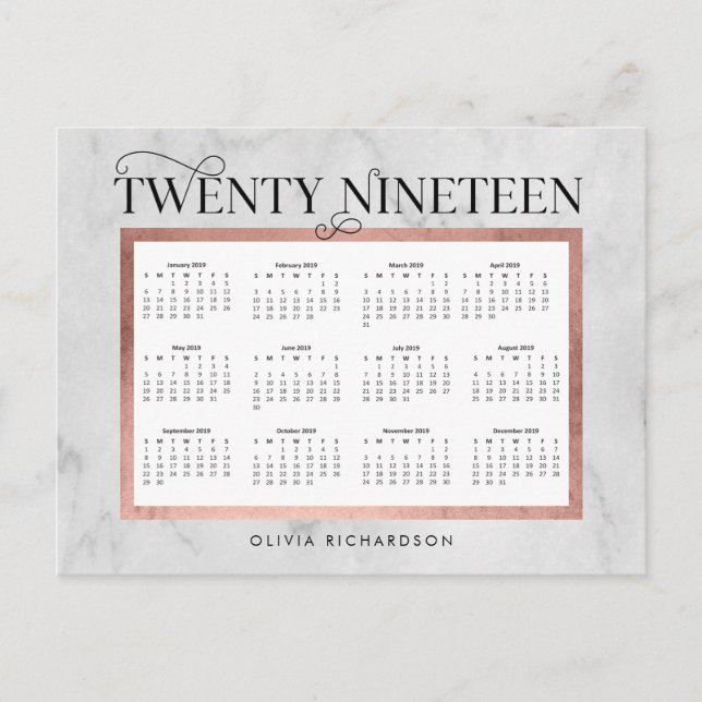 Postal Festiva Calendario 2019 de Marble Moderno y Faux Rosa Gold (Anverso)