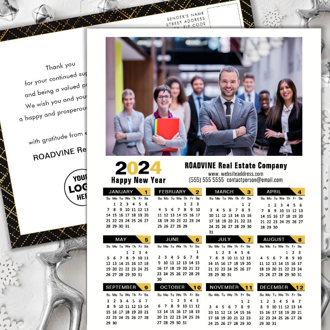 Postal Festiva Calendario 2024 Modern Gold Black Corporate Photo (Subido por el creador)