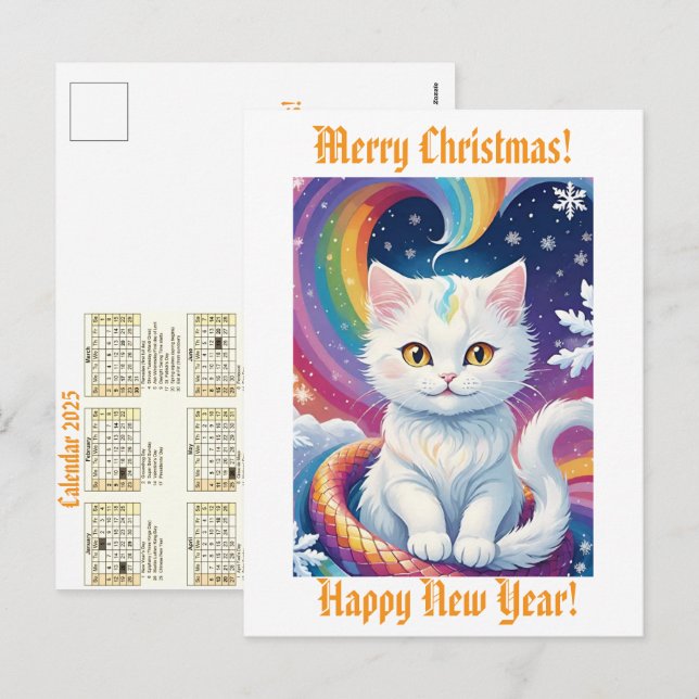 Postal Festiva Calendario 2025 de gatos de Navidades de nieve bla (Anverso / Reverso)