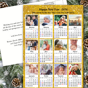 Postal Festiva Calendario 2026 Familia moderna 12 Foto Purpurina 