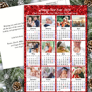 Postal Festiva Calendario 2026 Familia moderna 12 Foto Purpurina