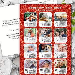 Postal Festiva Calendario 2026 Familia moderna 12 Foto Purpurina 
