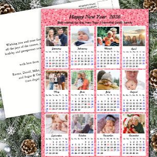 Postal Festiva Calendario 2026 Familia moderna 12 Purpurina rosa 