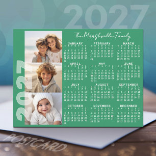 Postal Festiva Calendario 2027 3 Fotos Verde Básico Minimalista