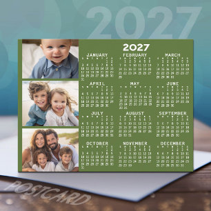 Postal Festiva Calendario 2027 con collage de 3 fotos - verde