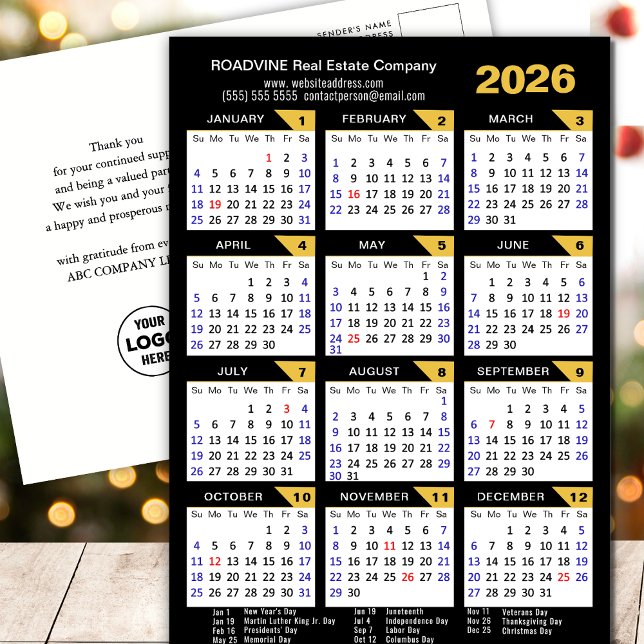 Postal Festiva Calendario de negocios 2026 con US Holidays Gold B (Subido por el creador)