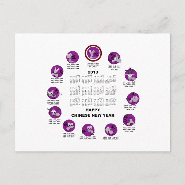 Postal Festiva Calendario Feliz Año Nuevo Chino 2013 (Anverso)