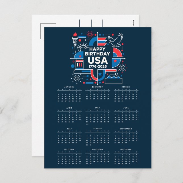 Postal Festiva Calendario Feliz cumpleaños Estados Unidos 250 (Anverso / Reverso)