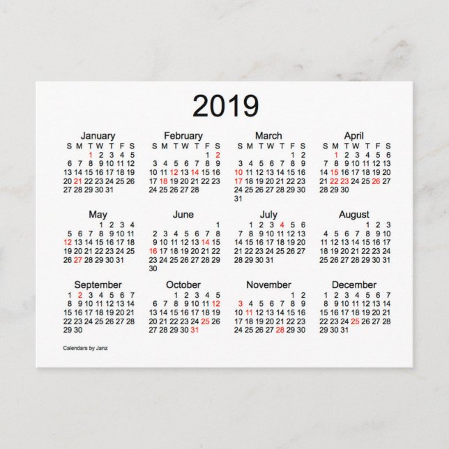 Postal Festiva Calendario Mini 2019 con festivos (Anverso)