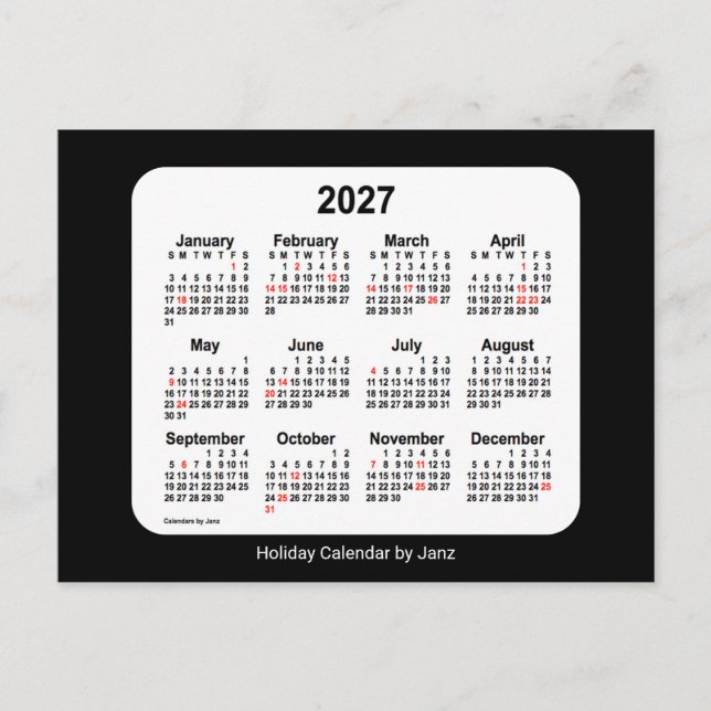 Postal Festiva Calendario Mini de Vacaciones Negro 2027 por Janz (Anverso)