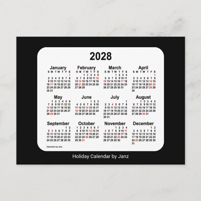 Postal Festiva Calendario Mini de Vacaciones Negro 2028 por Janz (Anverso)