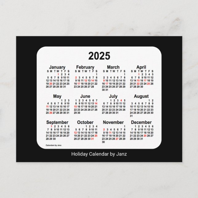 Postal Festiva Calendario Mini Vacaciones Negras 2025 por Janz (Anverso)