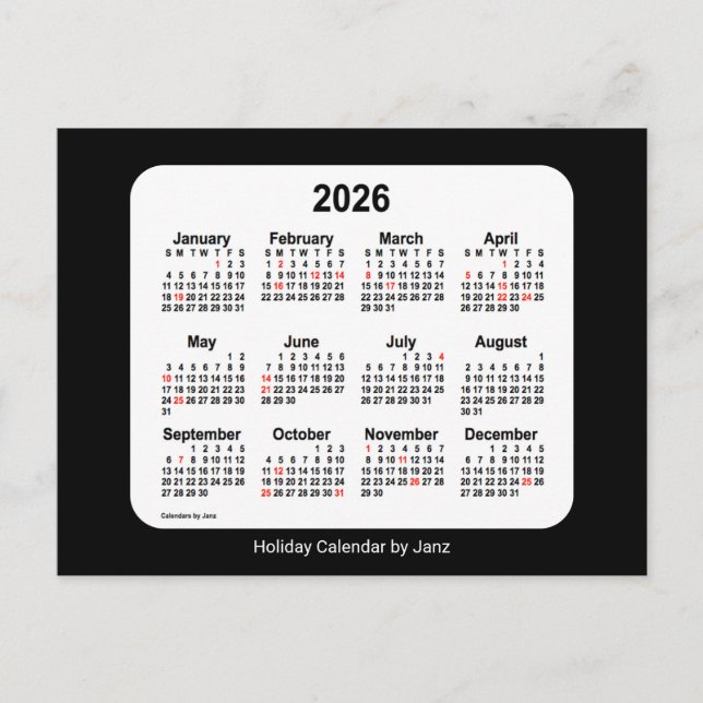 Postal Festiva Calendario Mini Vacaciones Negras 2026 de Janz (Anverso)