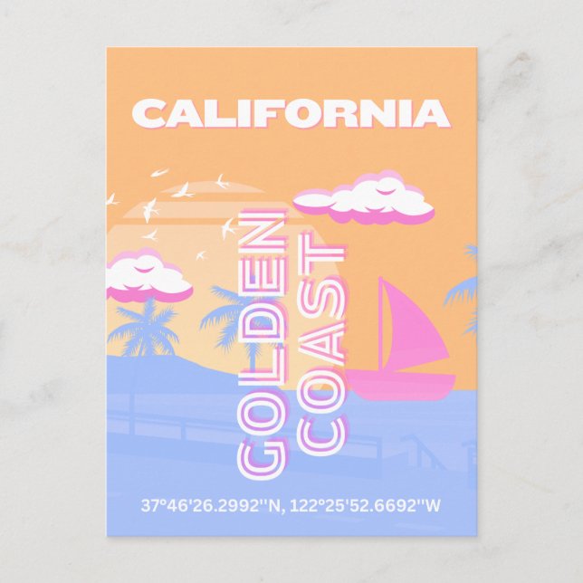 Postal Festiva California, Beach, arte de viajes (Anverso)
