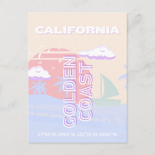 Postal Festiva California, Beach, Travel Art, Preppy, Pastel (Anverso)