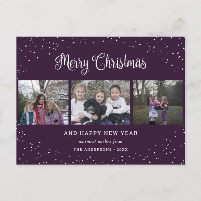 Postal Festiva Caligrafía de Collage de fotos púrpura 3 (Anverso)