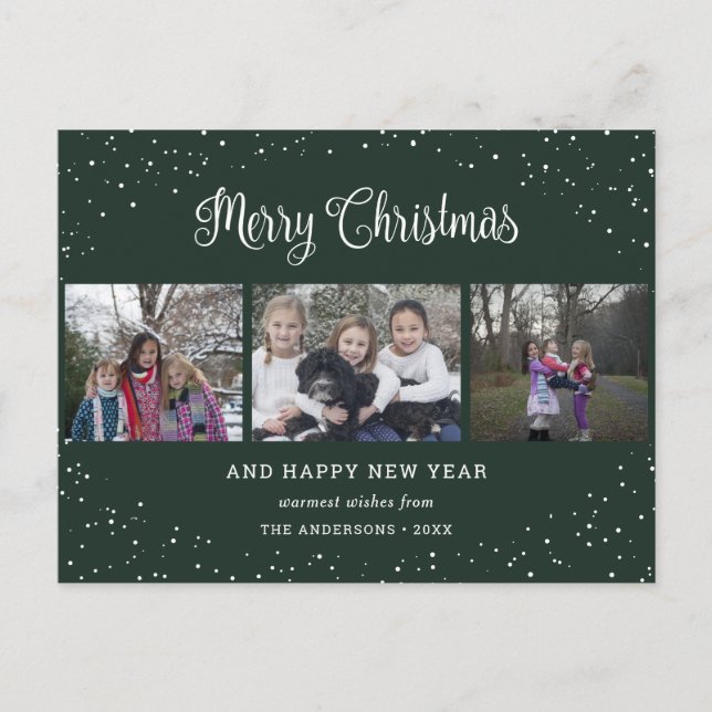 Postal Festiva Caligrafía de Collage de fotos verde 3 (Anverso)