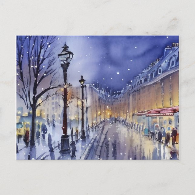 Postal Festiva Calle al anochecer en invierno (Anverso)