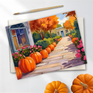 Postal Festiva Calle de las Calabazas Halloween Acuarela