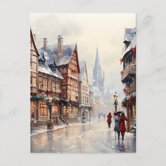 Postal Festiva Calle del Pueblo Navideño Vintage Fiesta (Anverso)