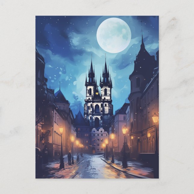 Postal Festiva Calle nocturna mágica de Praga - Europa de luna ll (Anverso)