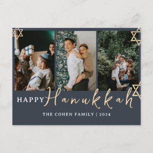 Postal Festiva Calligrafía azul Feliz familia Hanukkah 3 foto