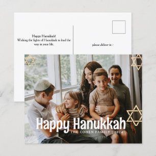 Postal Festiva Calligrafía azul Feliz familia Hanukkah una foto