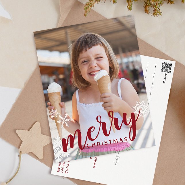 Postal Festiva Calligraphy Merry Christmas Photo (Calligraphy Merry Christmas Photo Holiday Postcard)
