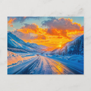 Postal Festiva Caminos al Atardecer en Invierno a Través de Monta