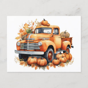 Postal Festiva Camión acuarela de la calabaza de otoño vintage