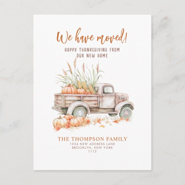 Postal Festiva Camión de calabaza Gracias Nos hemos mudado (Anverso)