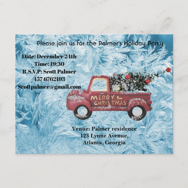 Postal Festiva camión de cosecha roja sobre fondo de copo de niev (Anverso)