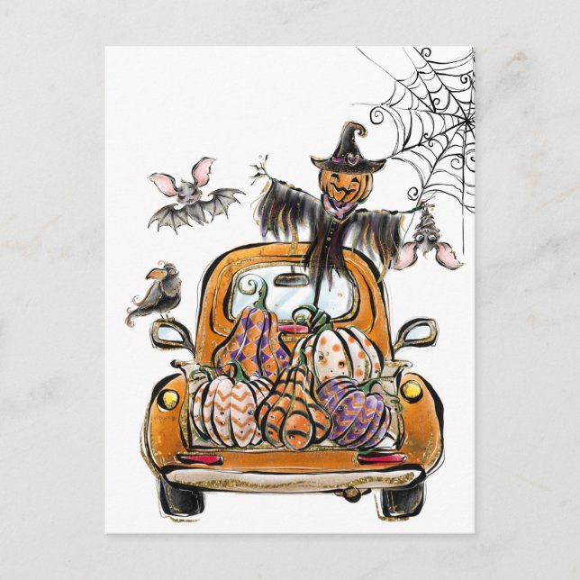 Postal Festiva Camión de parche de calabaza de otoño con pájaro e (Anverso)
